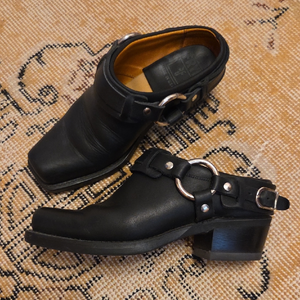 Frye Black Harness Mules with Polished Leather and Metal Accents